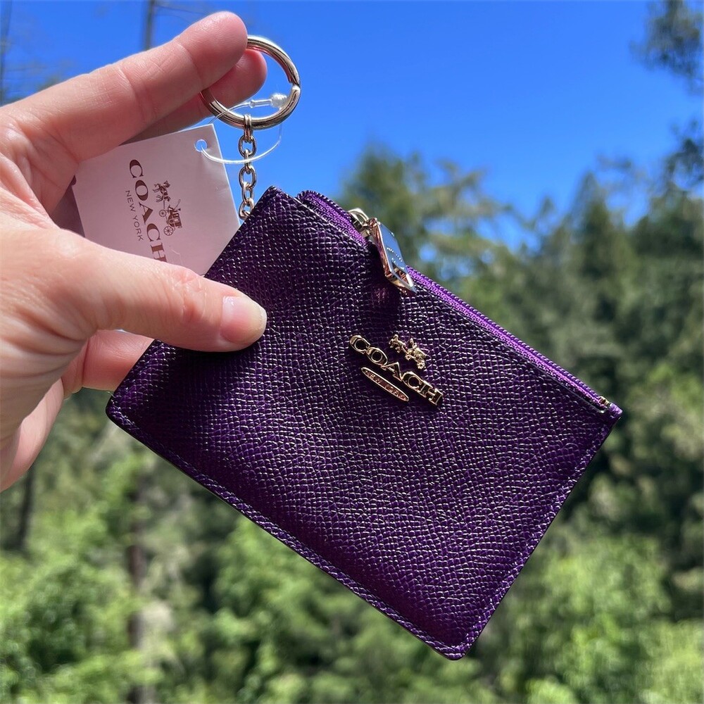 COACH Crossgrain Leather Purple Mini Skinny ID
Case Keychain Wallet Gold Hardwre